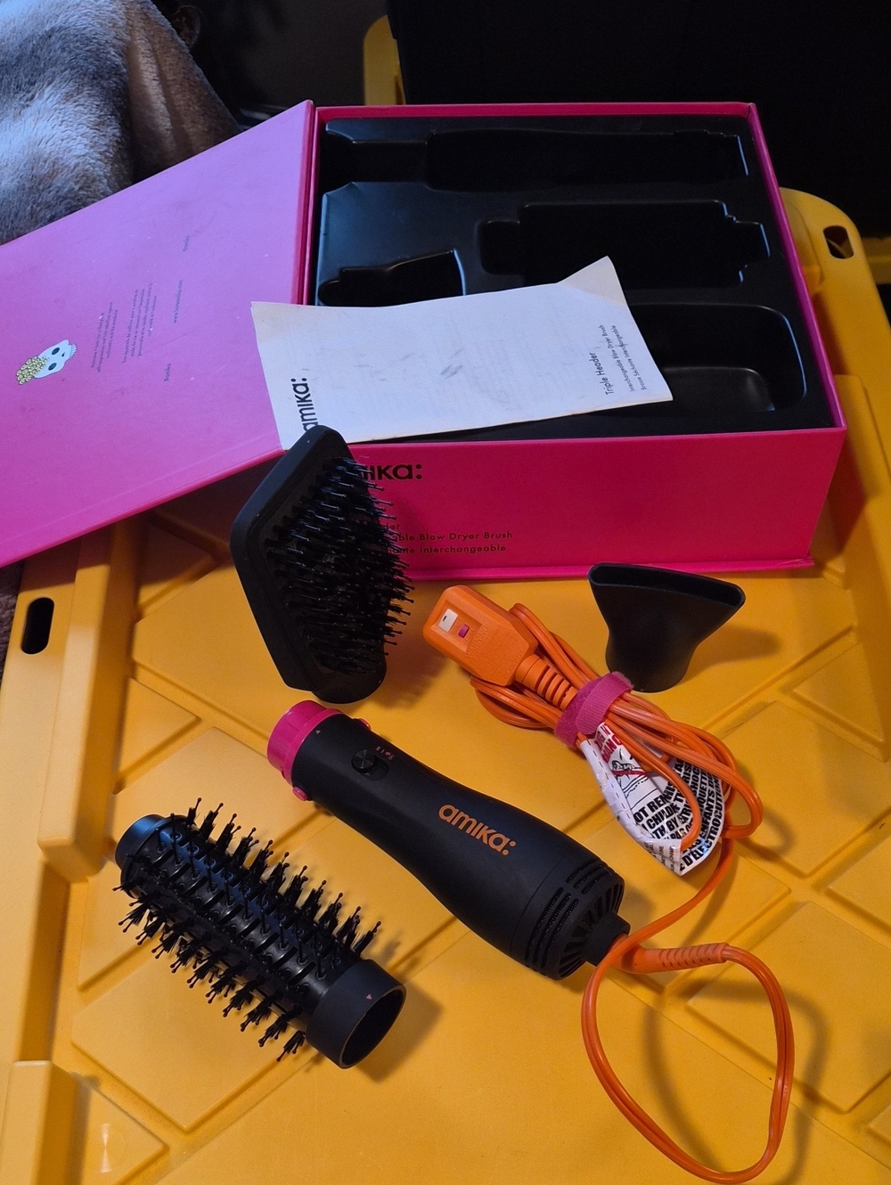 amika Pink and Black Compact Hot Air Brush Styler triple header